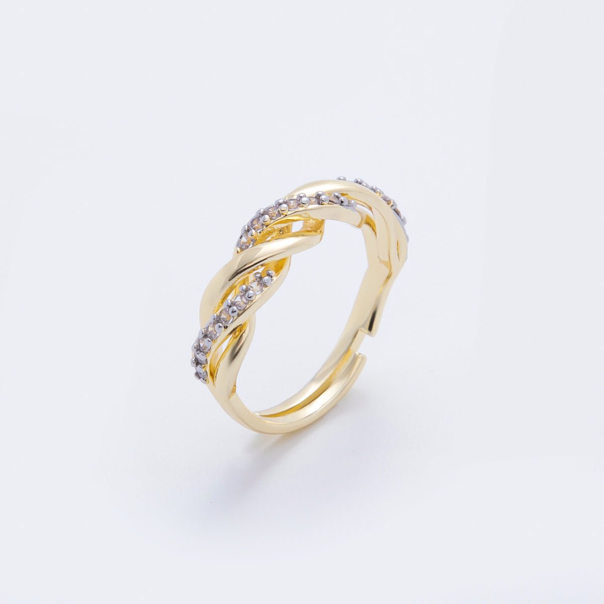 18K Gold Filled Swirly Micro Paved CZ Twist Round Adjustable Ring in Gold & Two - Toned | O - A2114 - DLUXCA