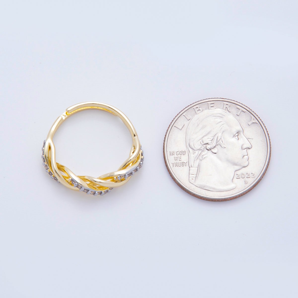 18K Gold Filled Swirly Micro Paved CZ Twist Round Adjustable Ring in Gold & Two - Toned | O - A2114 - DLUXCA