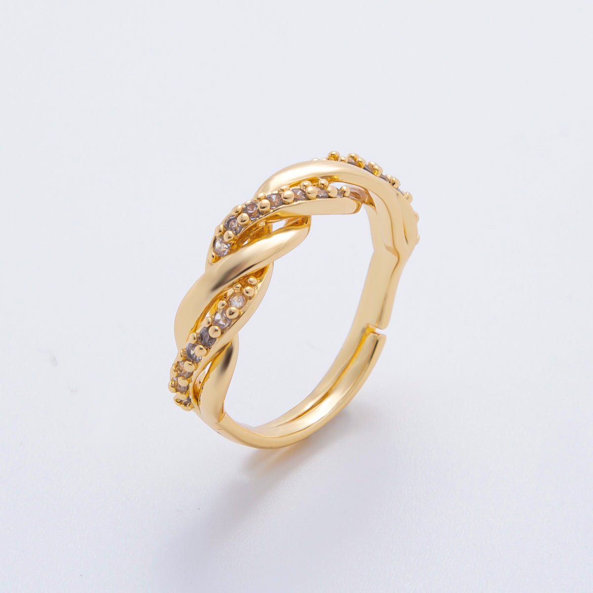 18K Gold Filled Swirly Micro Paved CZ Twist Round Adjustable Ring in Gold & Two - Toned | O - A2114 - DLUXCA