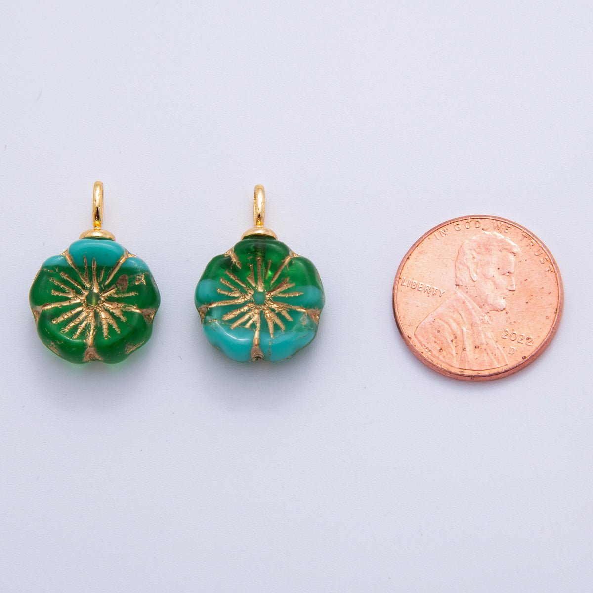 18K Gold Filled Teal Green Gold Lined Flower Acrylic Drop Charm | AF720 - DLUXCA