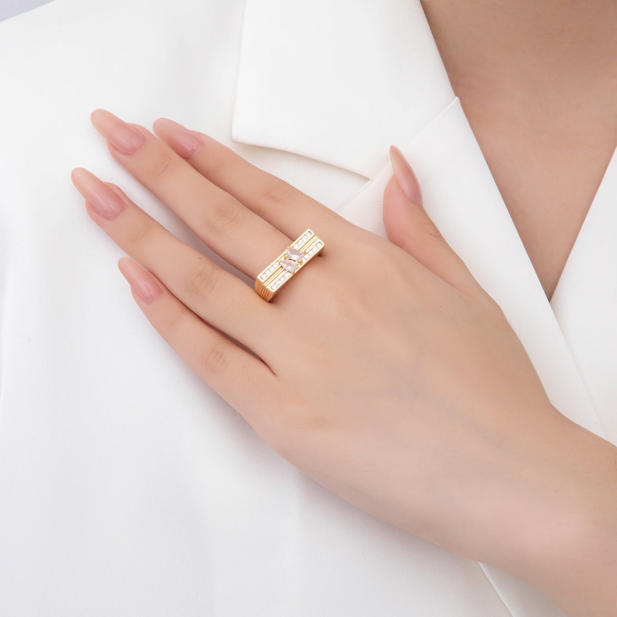 18K Gold Filled Teardrop Baguette CZ Micro Paved Band Rectangular Signet Ring | O411 - DLUXCA