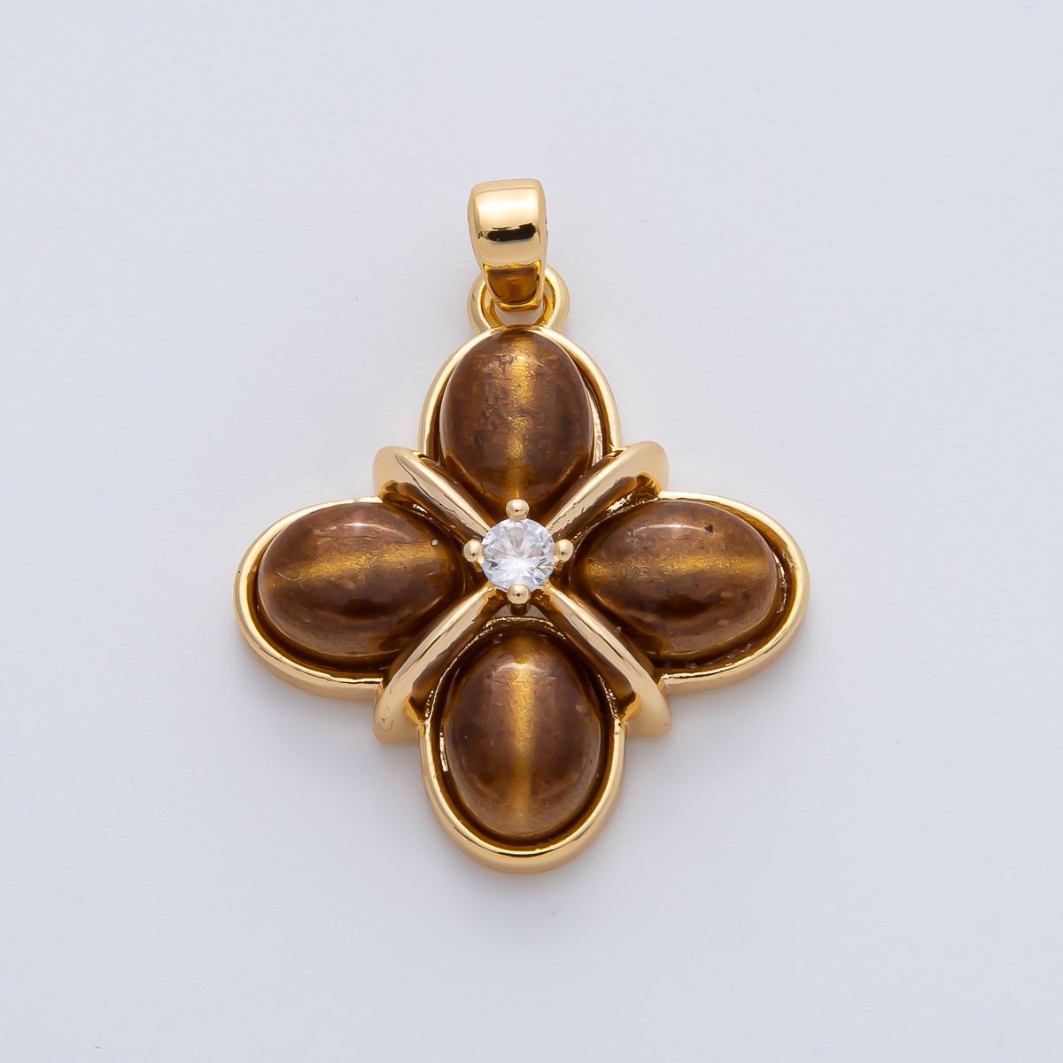 18K Gold Filled Tiger Eye Natural Gemstone with CZ 24mm Clover Charm Pendant | AF1167 - DLUXCA