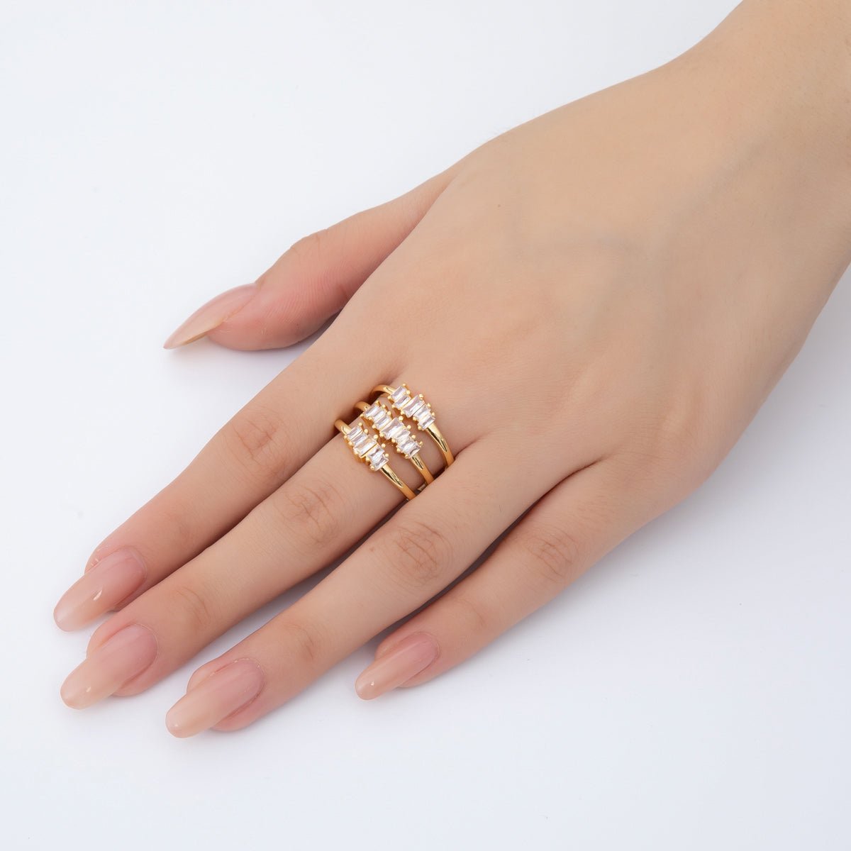 18K Gold Filled Triple - Layered Baguette CZ Crown Triple Band Open Ring | O639 - DLUXCA