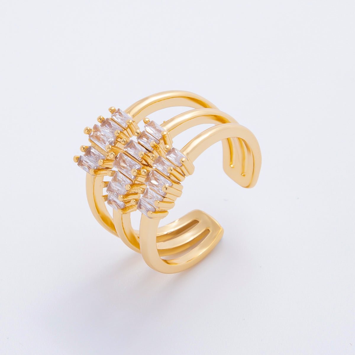 18K Gold Filled Triple - Layered Baguette CZ Crown Triple Band Open Ring | O639 - DLUXCA