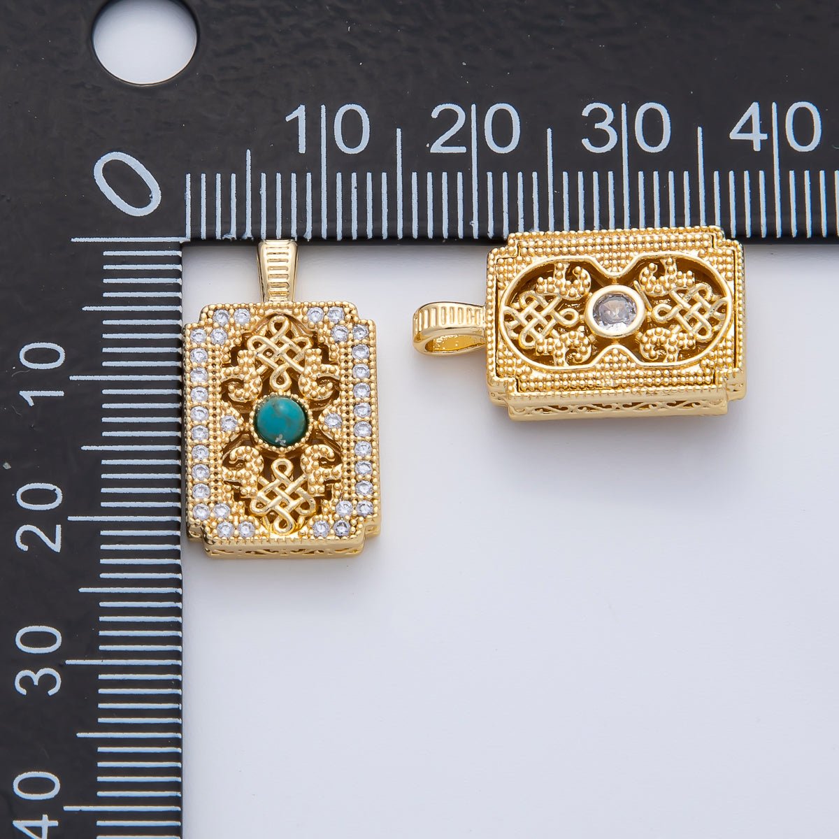 18K Gold Filled Turquoise Natural Gemstone with CZ 22mm Diamond Weave Vintage Pattern Geometric Charm Pendant | AF1168 - DLUXCA