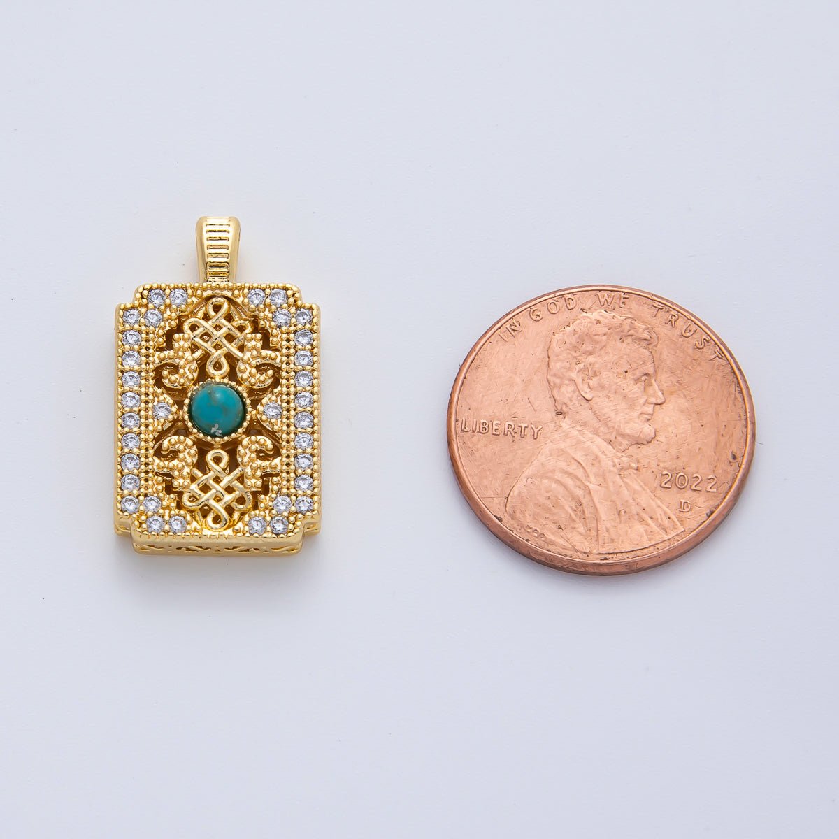 18K Gold Filled Turquoise Natural Gemstone with CZ 22mm Diamond Weave Vintage Pattern Geometric Charm Pendant | AF1168 - DLUXCA