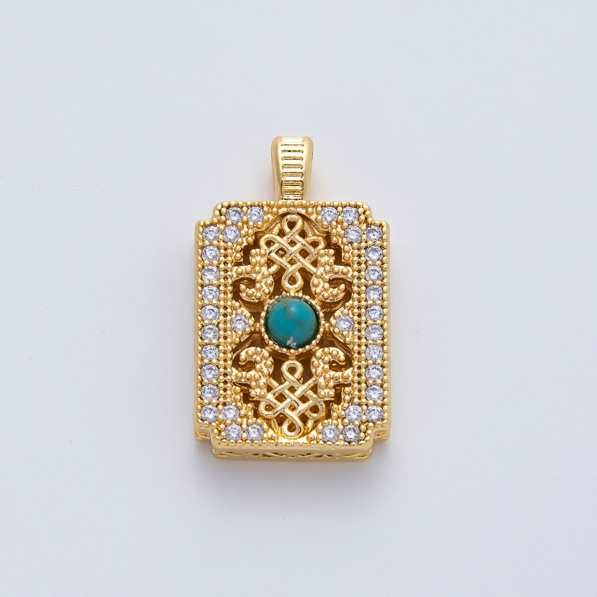 18K Gold Filled Turquoise Natural Gemstone with CZ 22mm Diamond Weave Vintage Pattern Geometric Charm Pendant | AF1168 - DLUXCA
