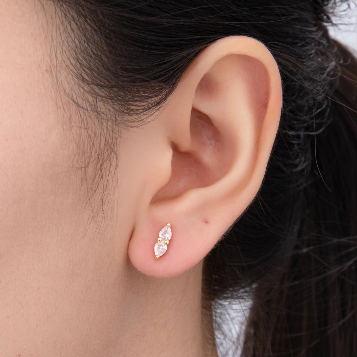 18K Gold Filled Twin Teardrop Linear CZ Dainty Studs Earrings | AJ203 - DLUXCA