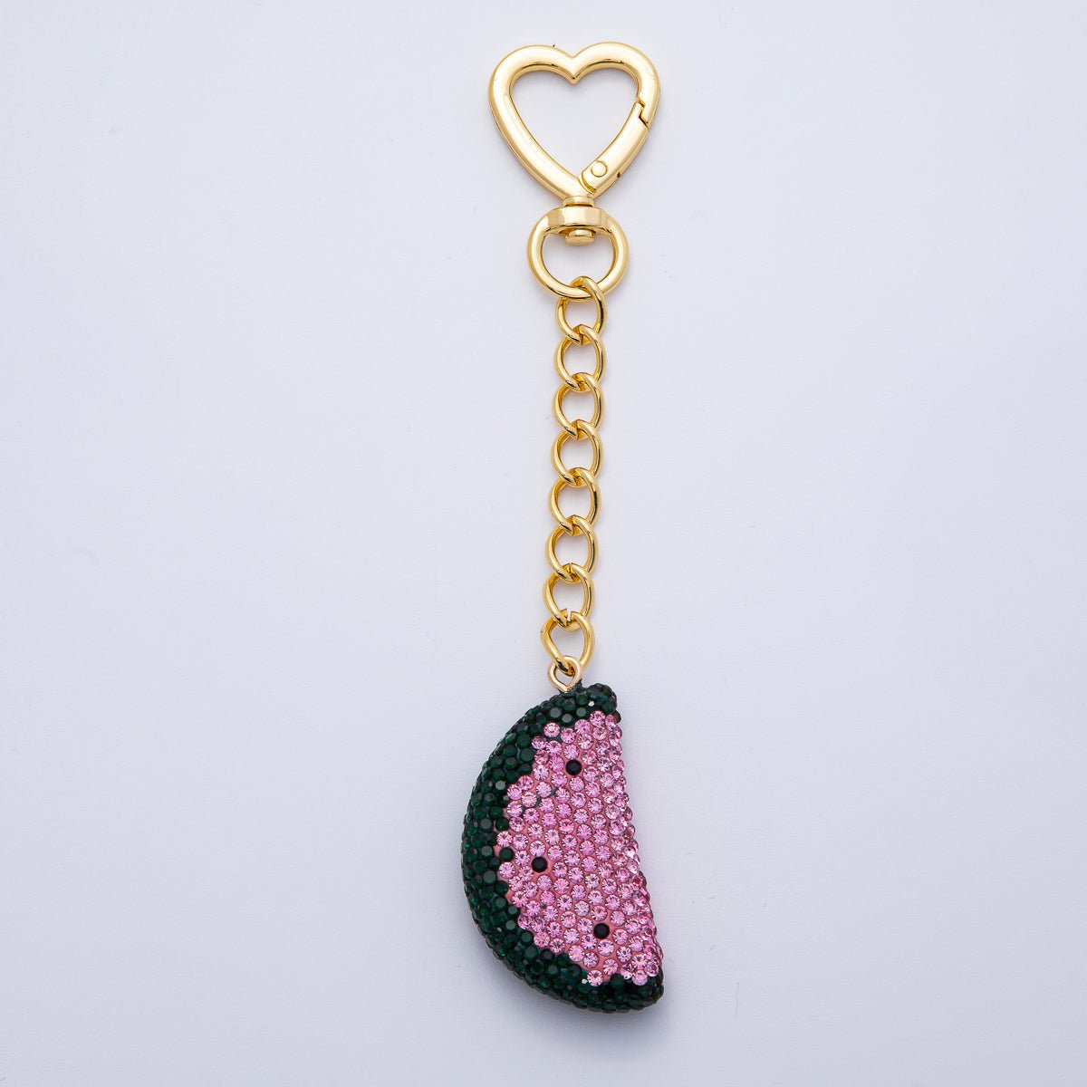 18K Gold Filled Watermelon Bedazzled Bag Charm Heart Push Gate Keychain Accessories | WB - 00239 - DLUXCA