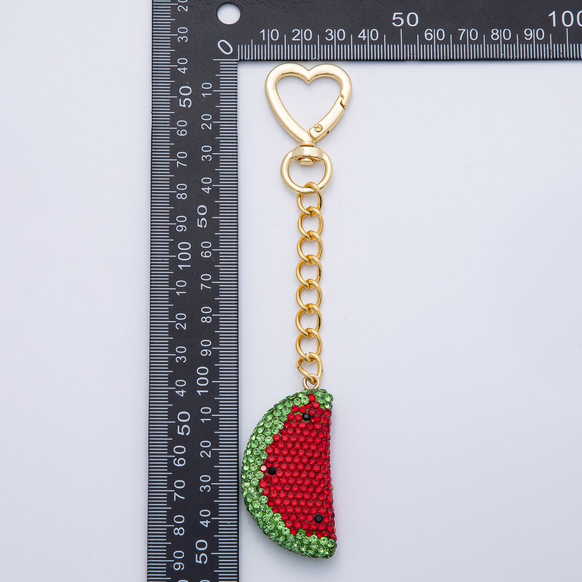 18K Gold Filled Watermelon Bedazzled Bag Charm Heart Push Gate Keychain Accessories | WB - 00239 - DLUXCA