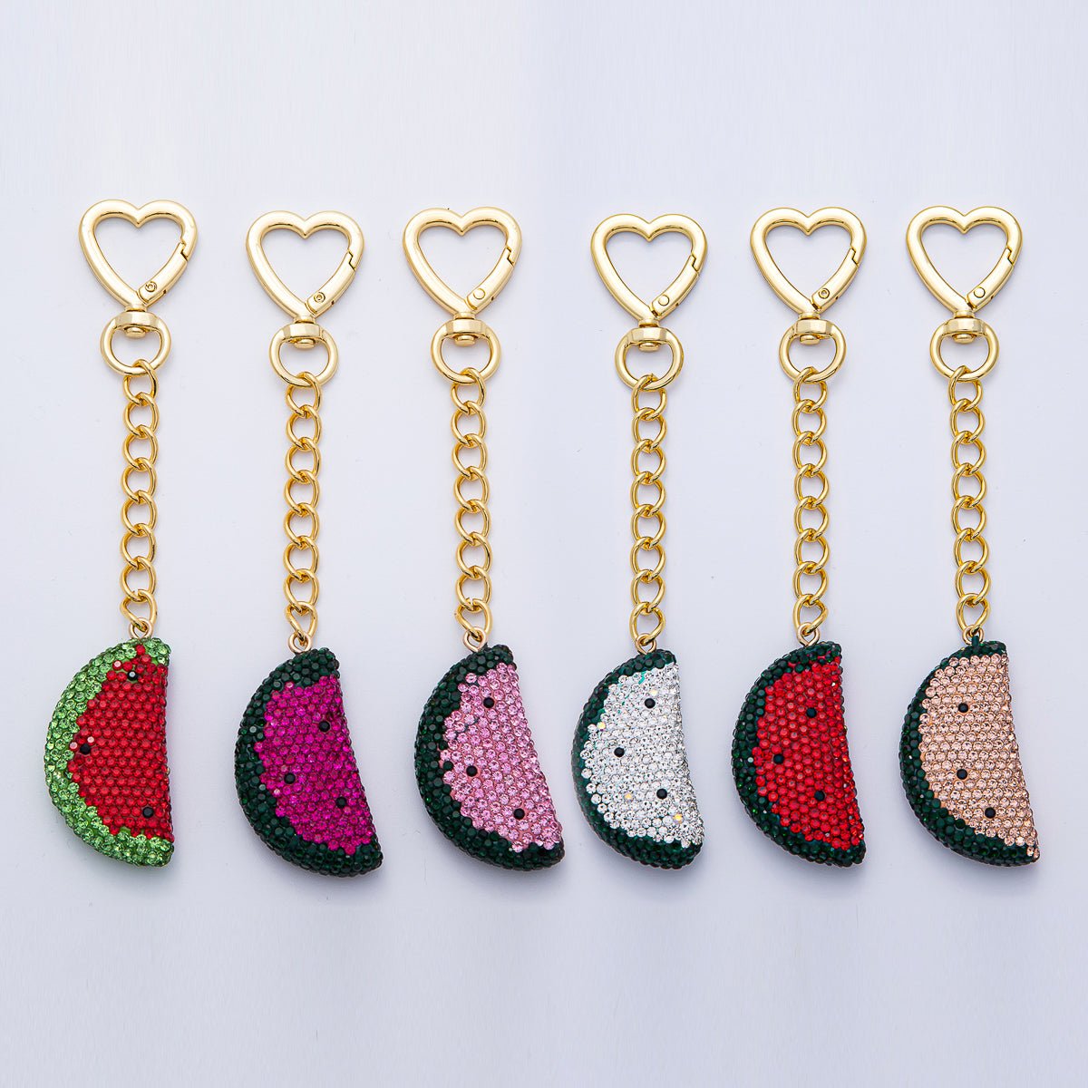 18K Gold Filled Watermelon Bedazzled Bag Charm Heart Push Gate Keychain Accessories | WB - 00239 - DLUXCA
