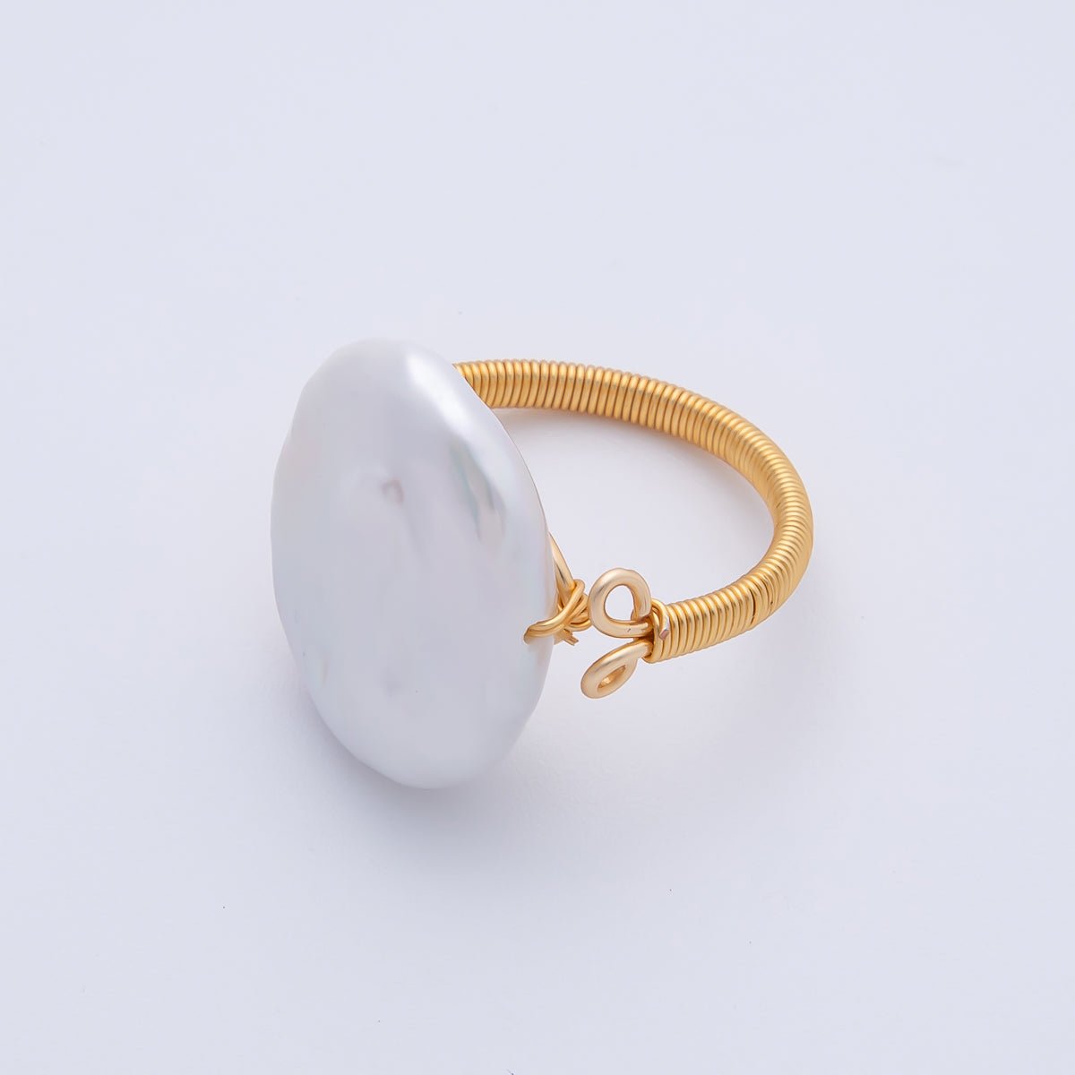 18K Gold Filled White Flat Heishi Freshwater Pearl Coil Wire Solitaire Ring | O589 - DLUXCA