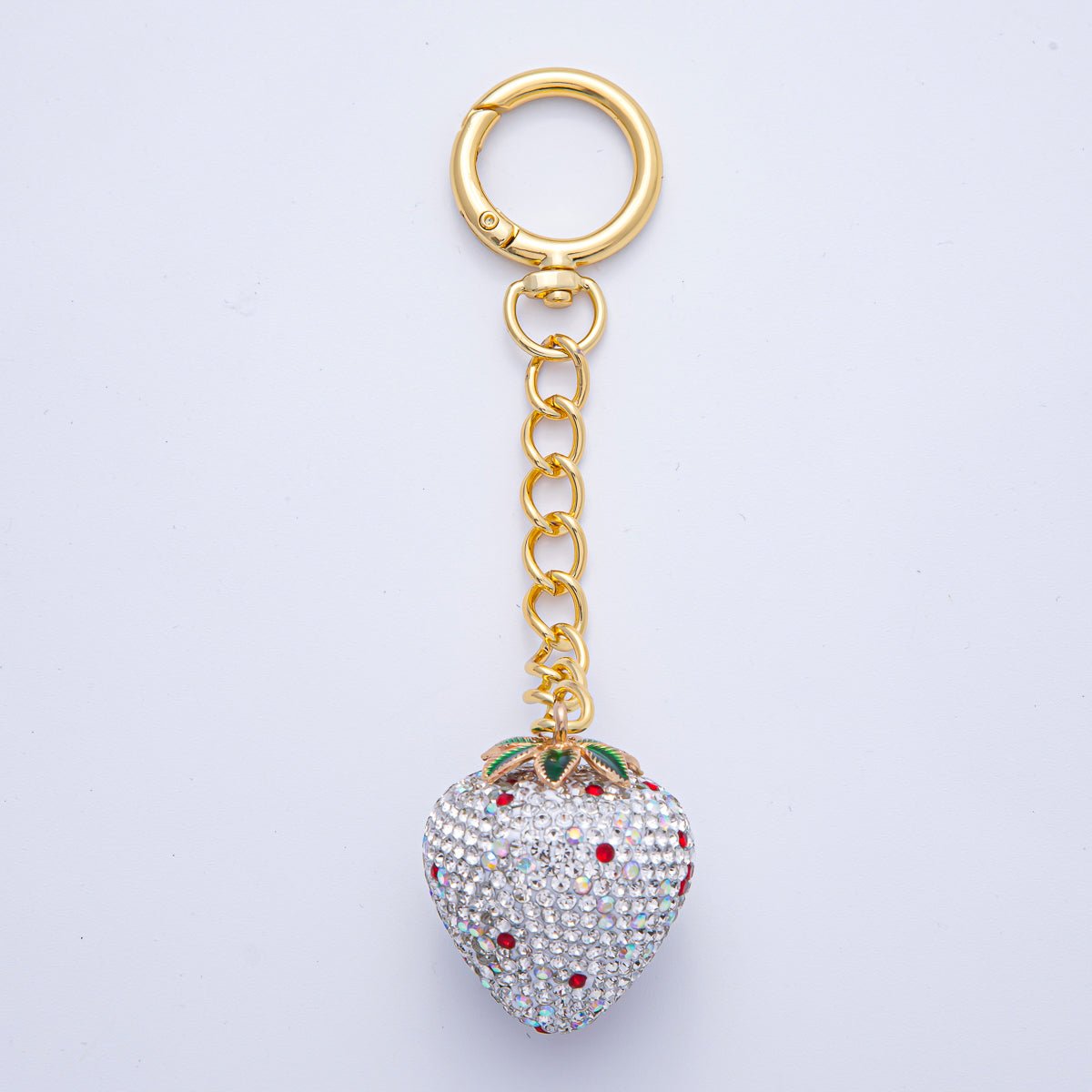 18K Gold Filled White, Pink, Red Strawberry Bedazzled Bag Charm Keychain Accessories | WB - 00265 ~ WB - 00267 - DLUXCA