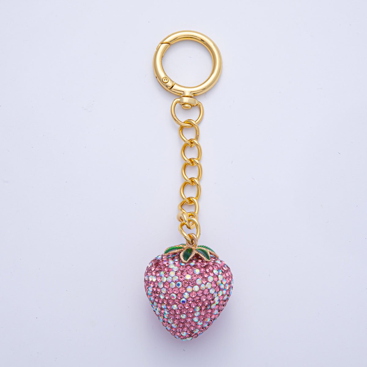 18K Gold Filled White, Pink, Red Strawberry Bedazzled Bag Charm Keychain Accessories | WB - 00265 ~ WB - 00267 - DLUXCA