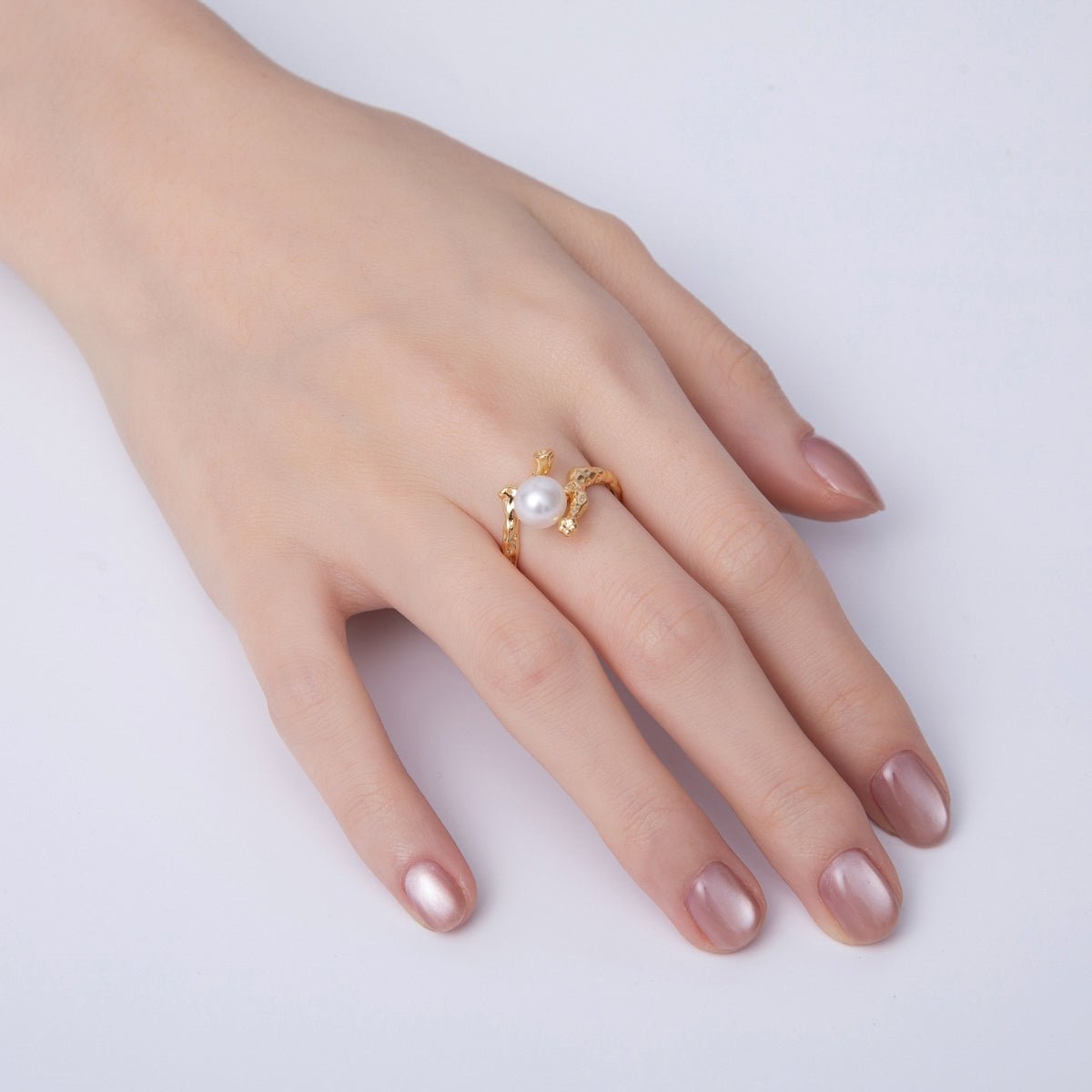 18K Gold Filled White Shell Pearl Hammered Statement Branch Ring | O790 - DLUXCA