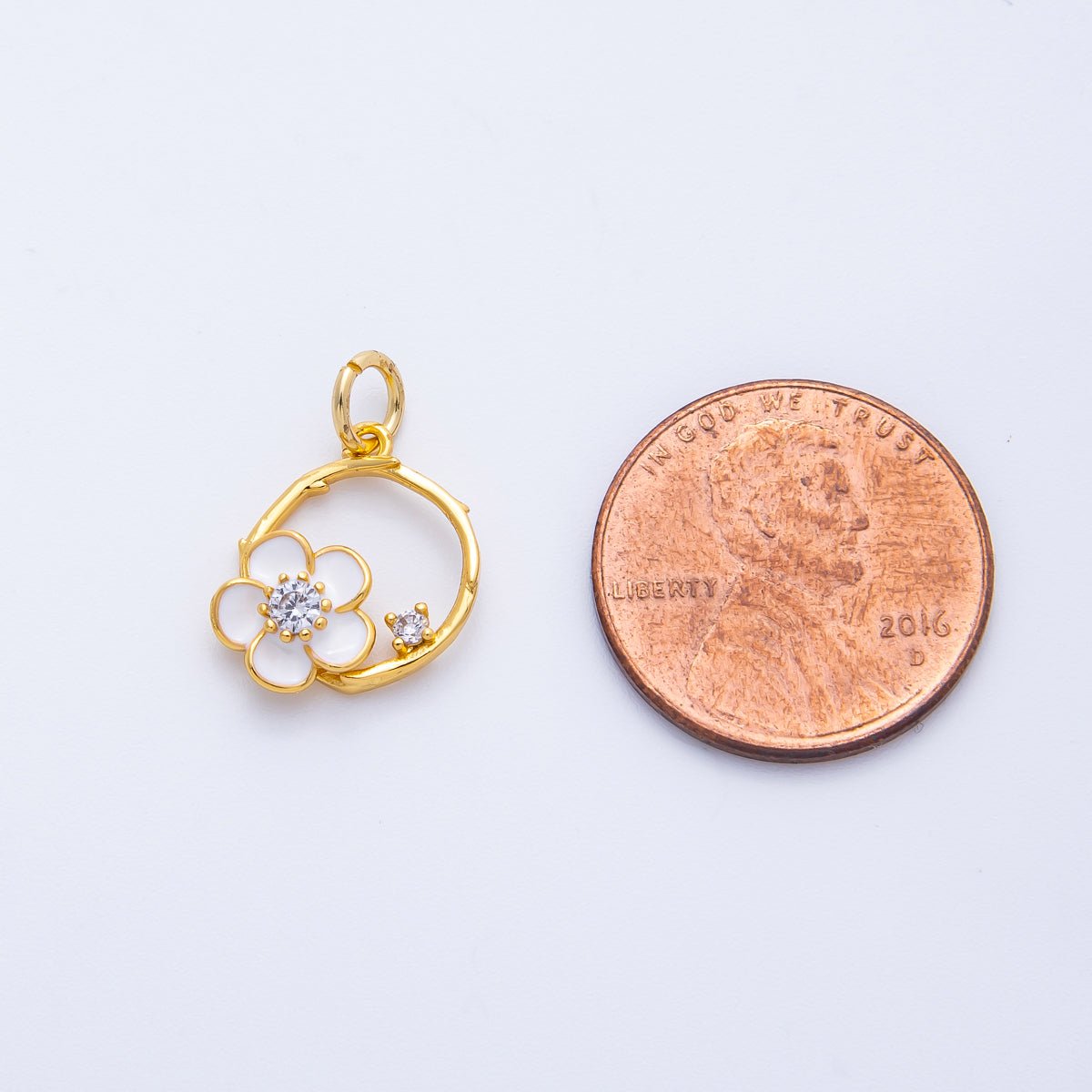 18K Gold Filled14mm CZ White Enamel Flower Open Round Charm | Charms - 00410 - DLUXCA