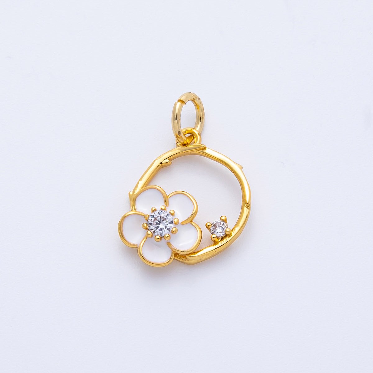 18K Gold Filled14mm CZ White Enamel Flower Open Round Charm | Charms - 00410 - DLUXCA