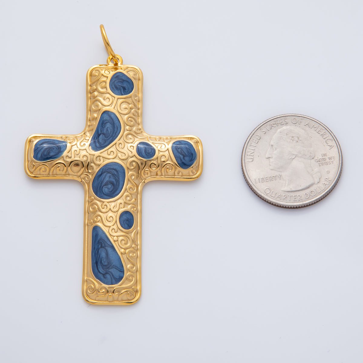 18K Gold Plated 63mm Blue, Multicolor Enamel Patterned Christian Cross Charm | AF1423 - DLUXCA