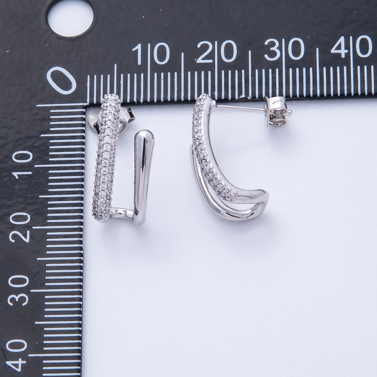 19mm Micro Paved CZ Double Claw J - Shaped Hoop | Earrings - 00222 - DLUXCA