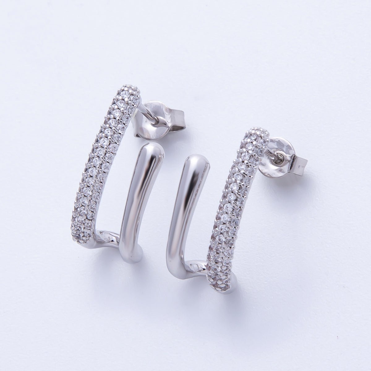 19mm Micro Paved CZ Double Claw J - Shaped Hoop | Earrings - 00222 - DLUXCA