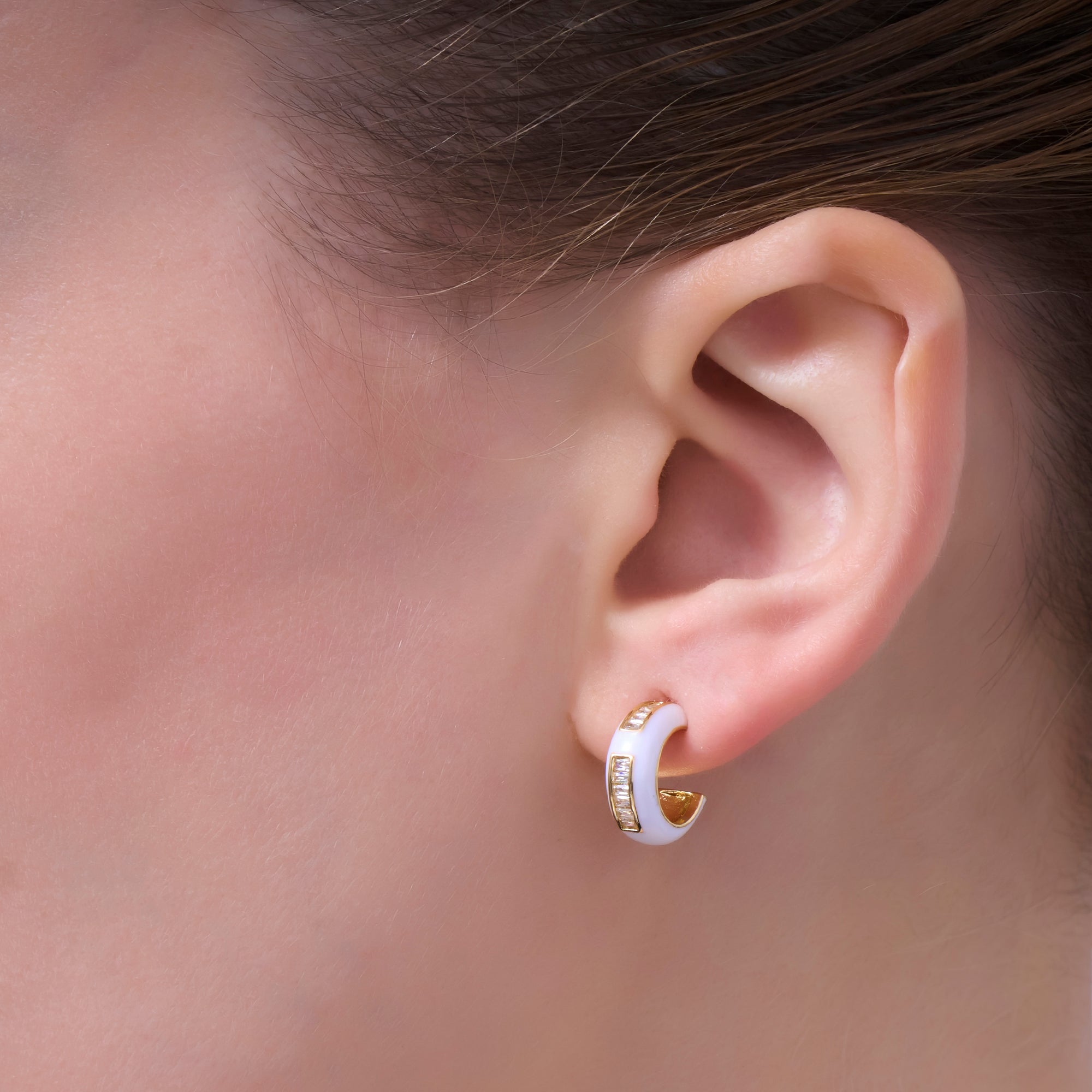 Black, White Enamel Baguette CZ C-Shaped Hoop Earrings in Gold & Silver | AE265 - AE73