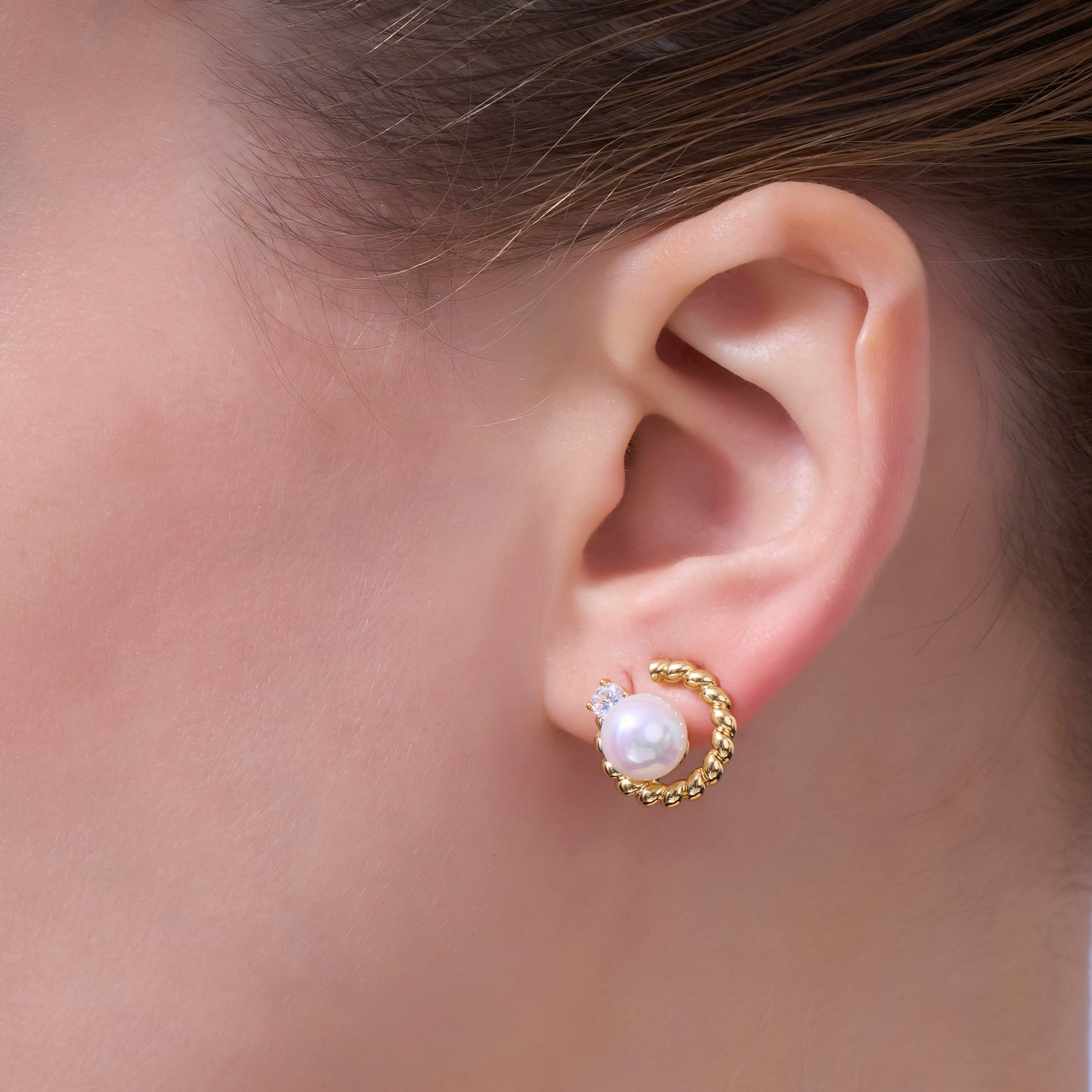 White Shell Pearl CZ Croissant C-Shaped Stud Earrings in Gold & Silver | AD1359 AD1360