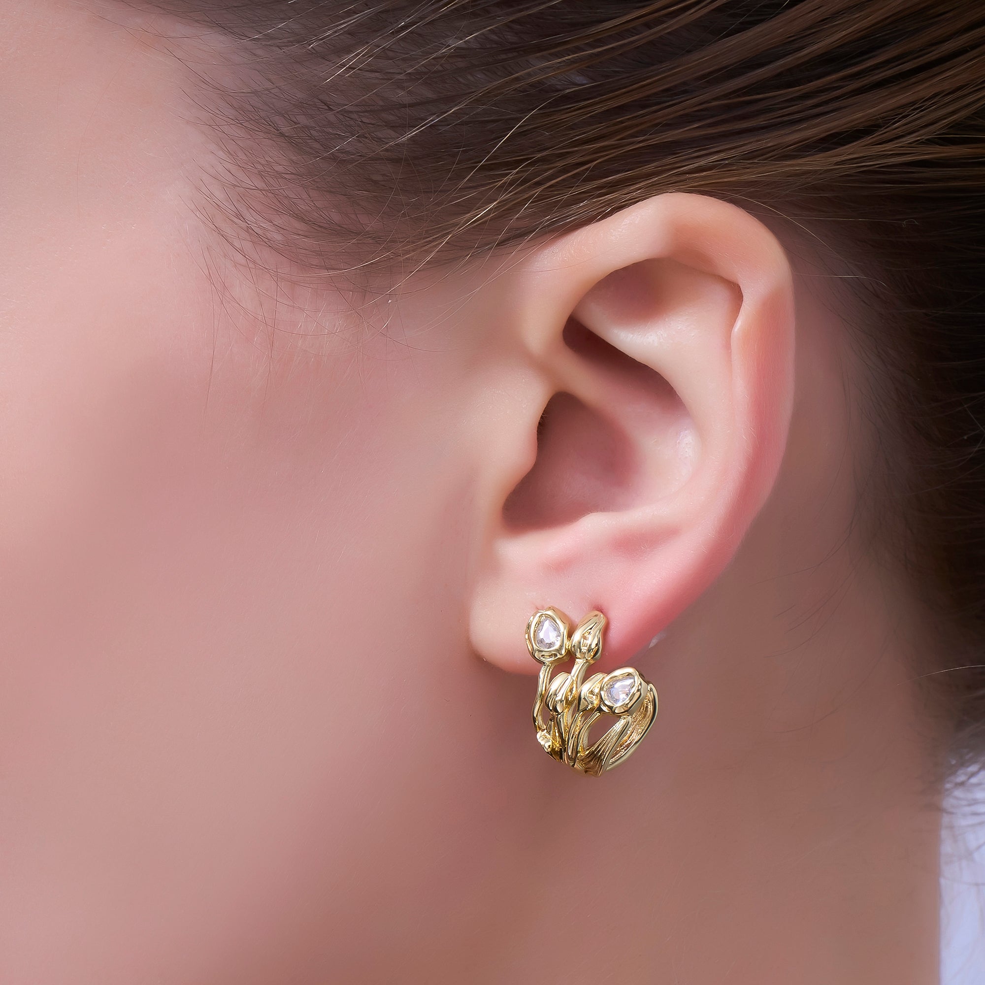 24K Gold Filled CZ Molten Flower J-Shaped Hoop Earrings | AI499