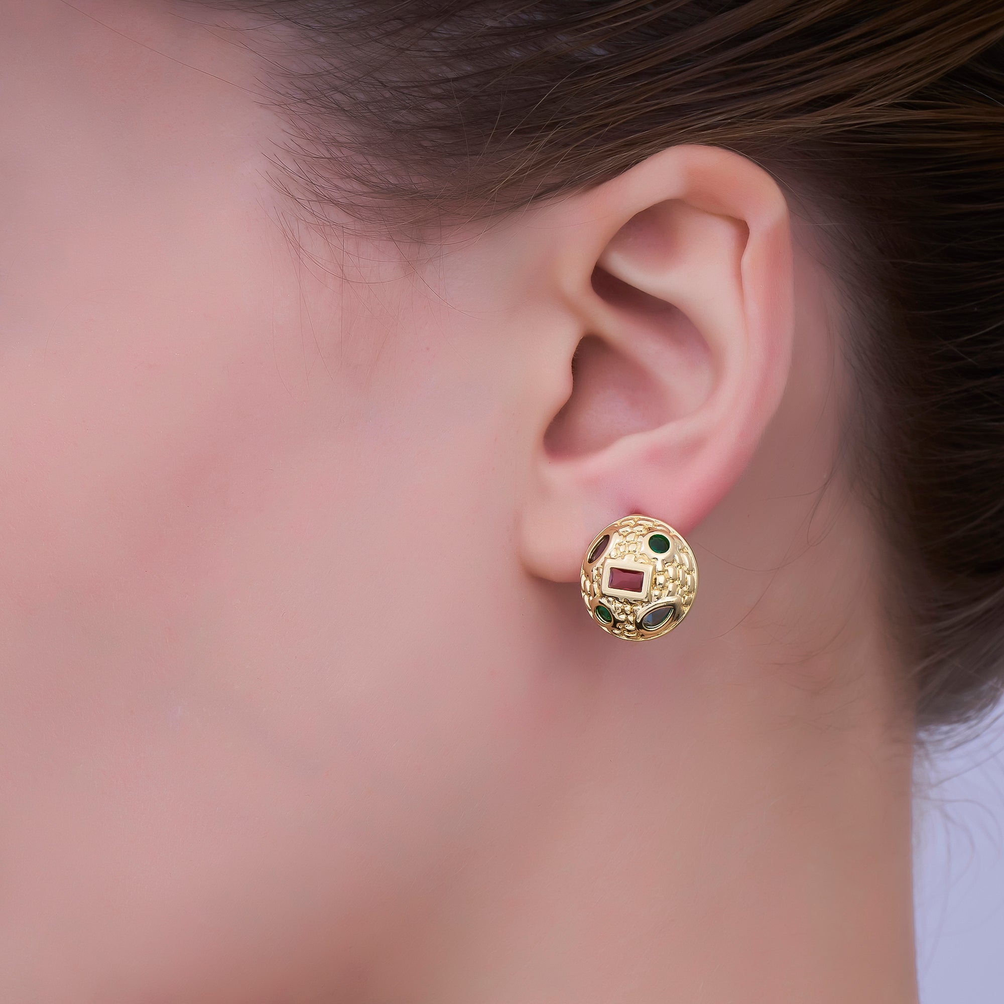 24K Gold Filled Multicolor CZ Hammered Dome Round Stud Earrings in Gold & Silver | AI474 AI494