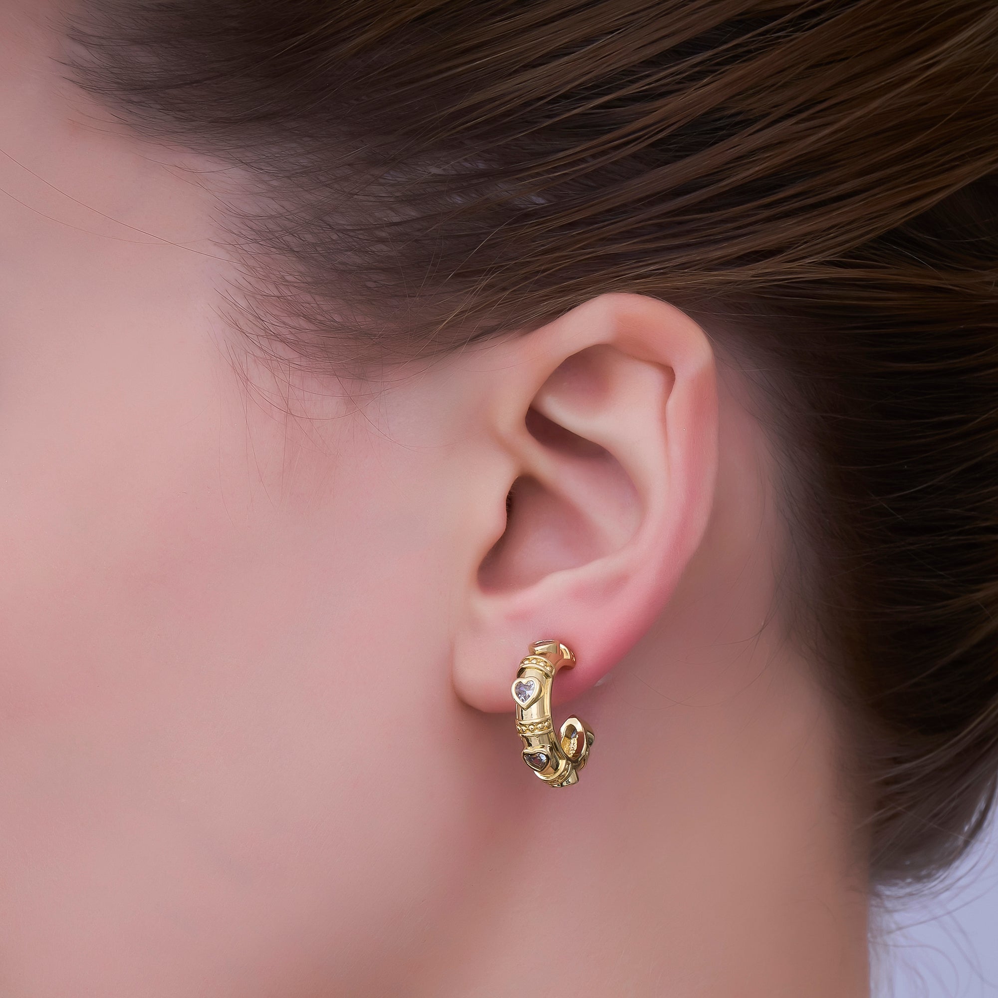 24K Gold Filled 19mm Heart CZ Dotted C-Shaped Hoop Earrings | AI490