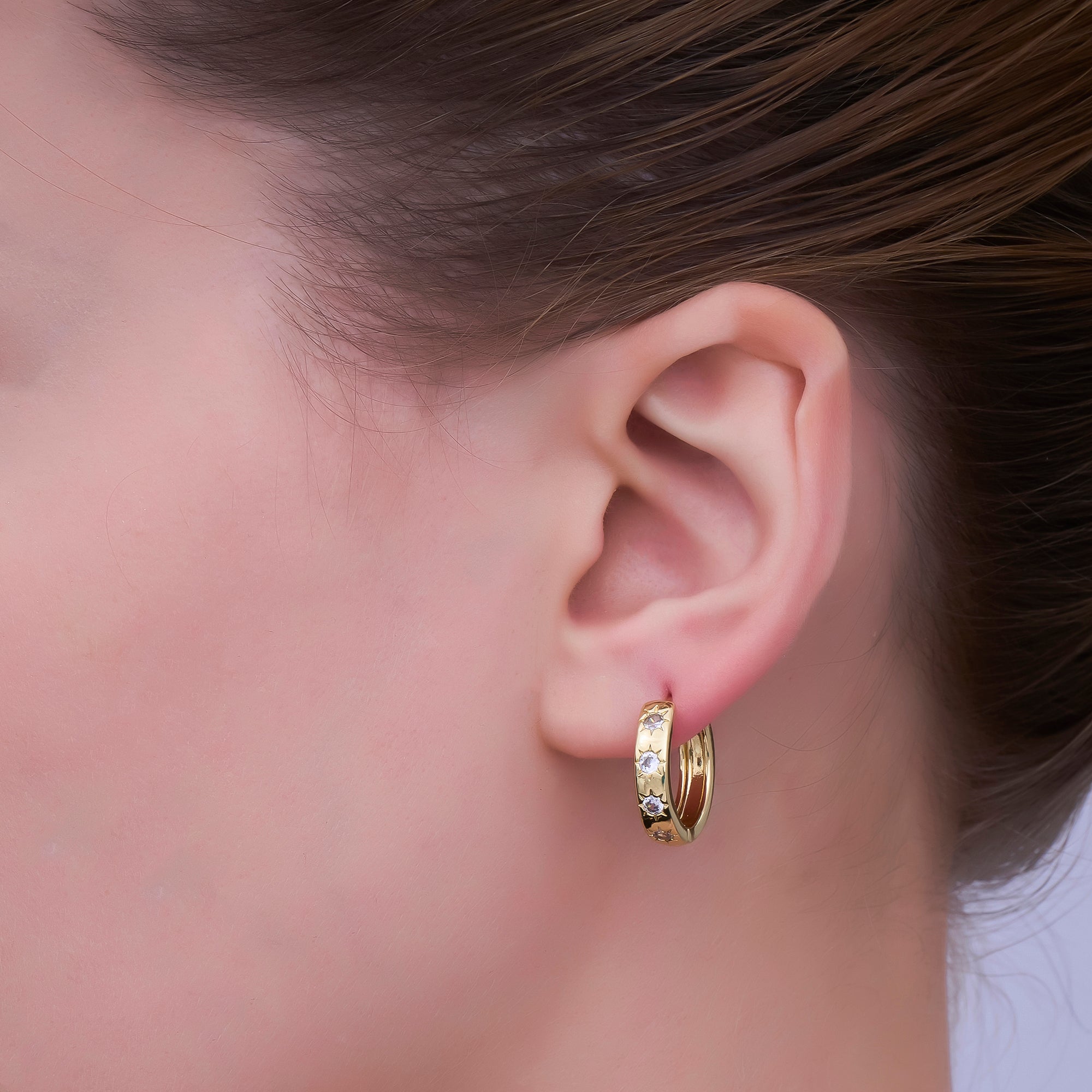 24K Gold Filled Clear CZ Sun Celestial Jewelry Hinged Hoops Earrings | AD-515