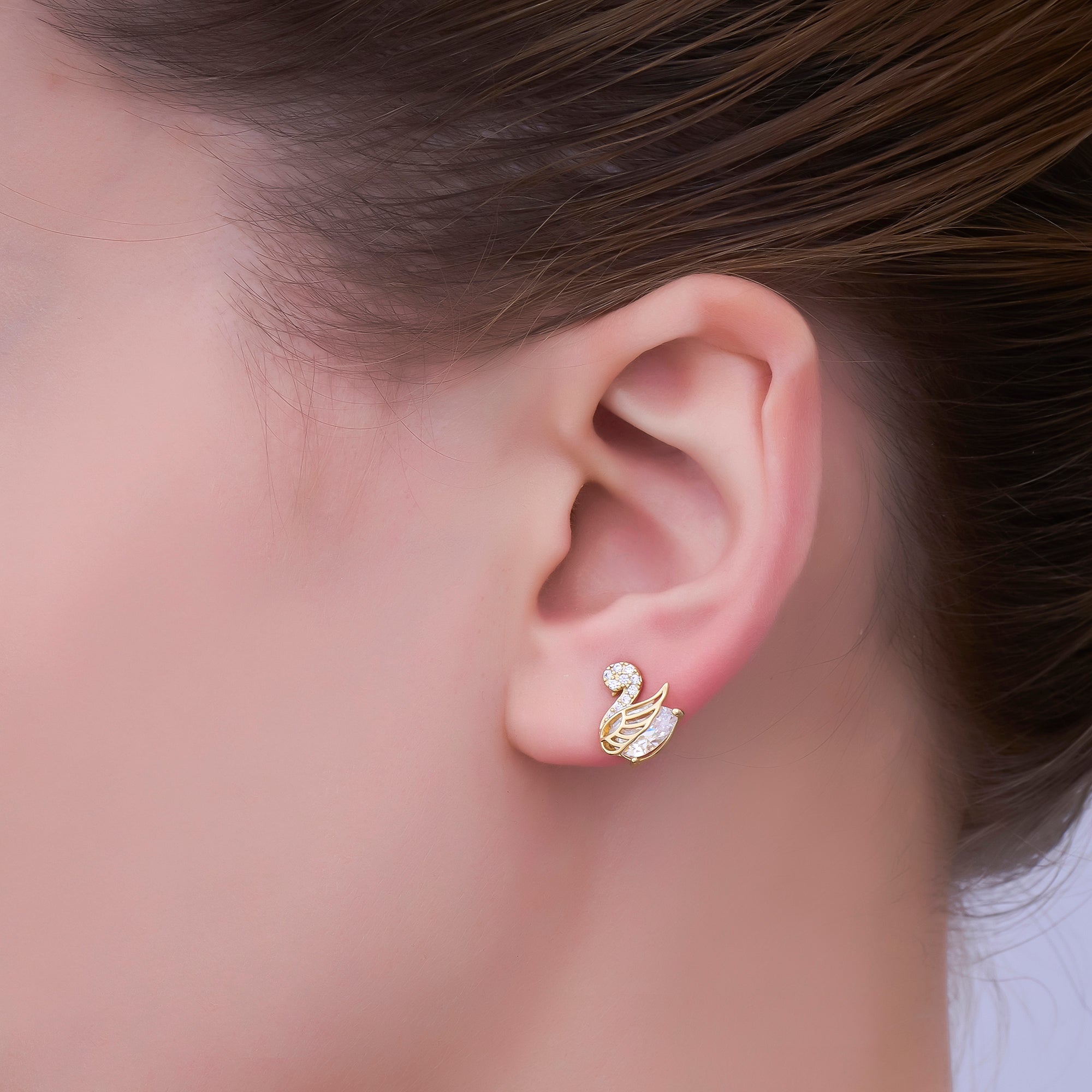 24K Gold Filled CZ Micro Paved Duck Dove Bird Stud Earrings in Gold & Silver | AI472
