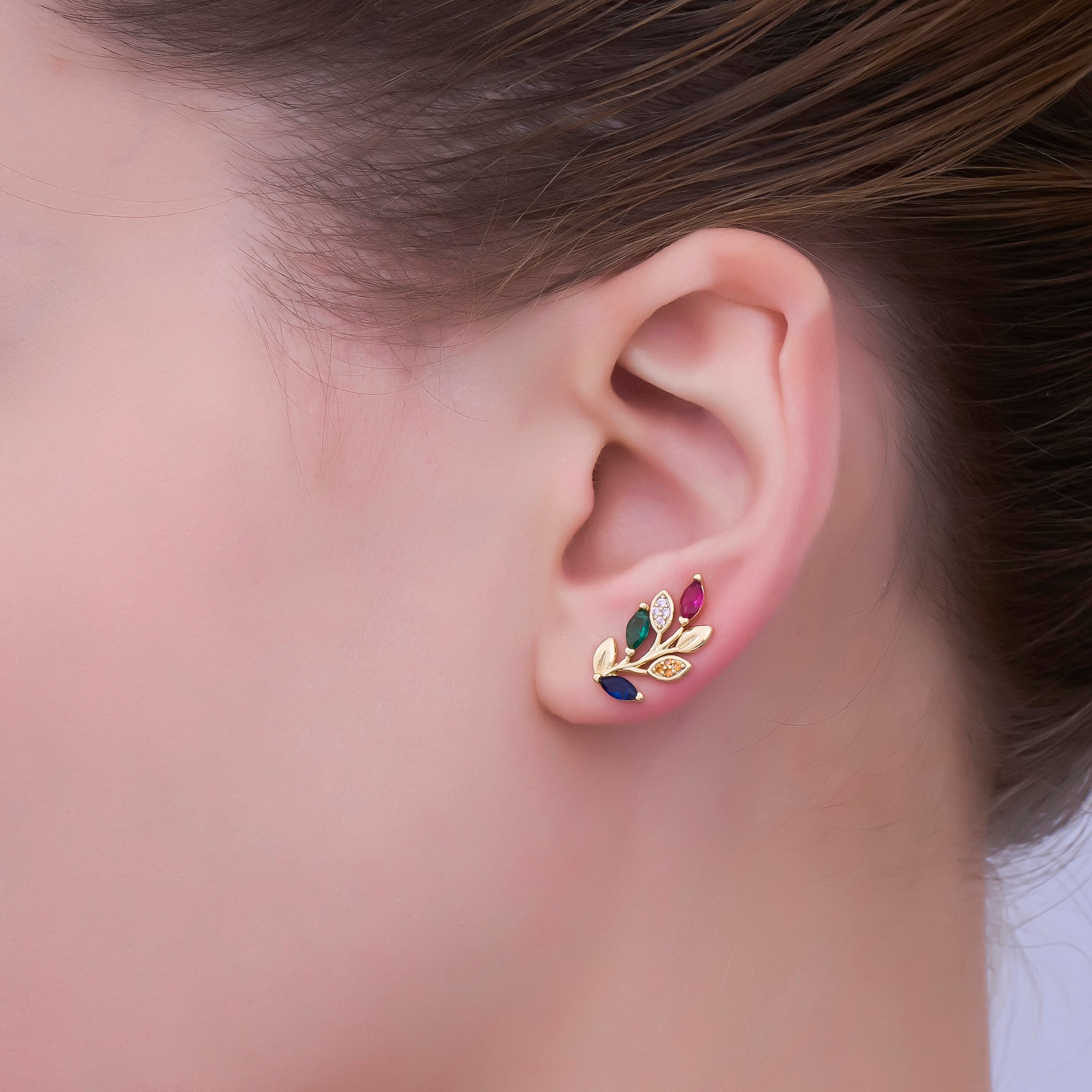 24K Gold Filled Multicolor Micro Paved CZ Leaf Stud Earrings in Gold & Silver | AI543 AI473