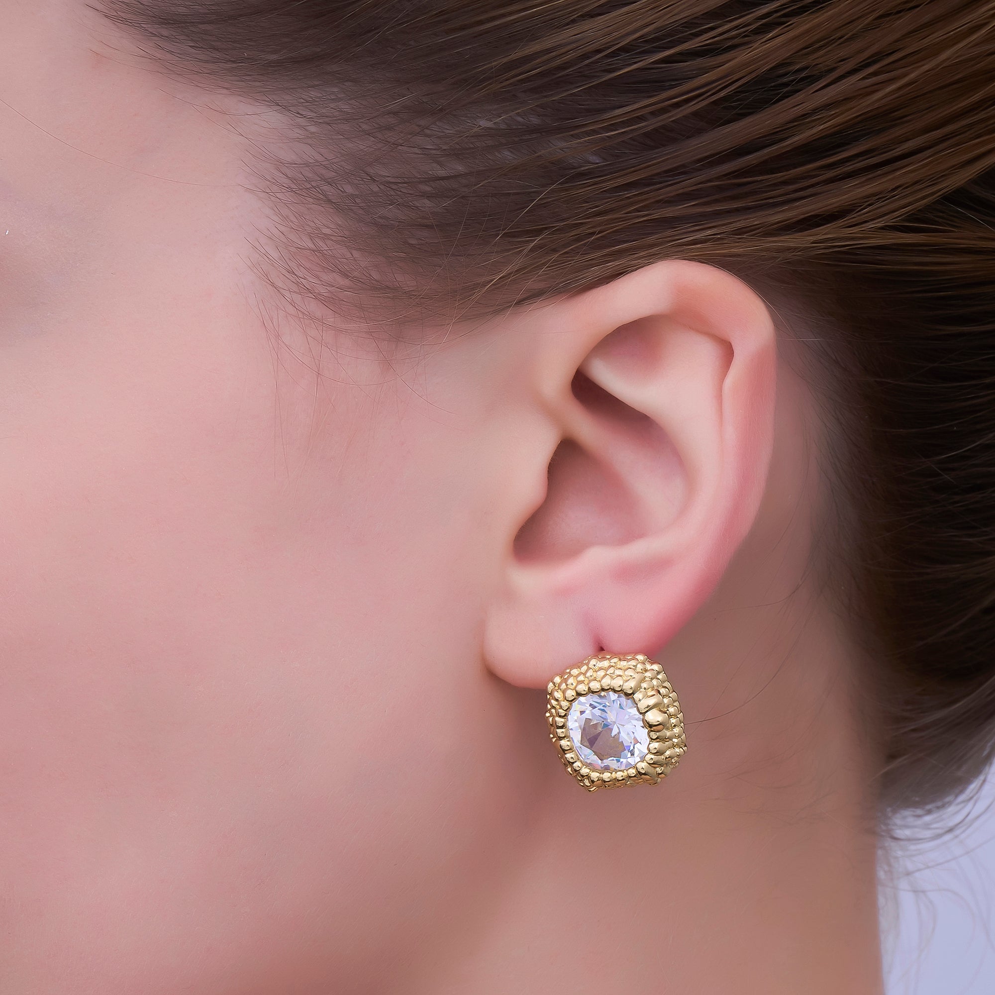 24K Gold Filled Clear CZ Bubble Dotted Bezel Square Stud Earrings | AI480