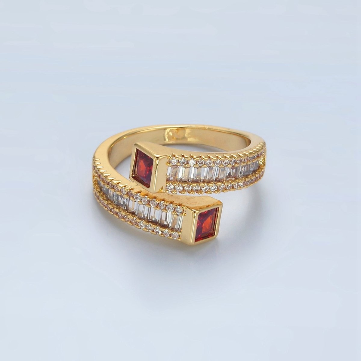 24K God Filled Red, Green CZ Baguette Micro Paved Wrap Ring | U349 U366 - DLUXCA