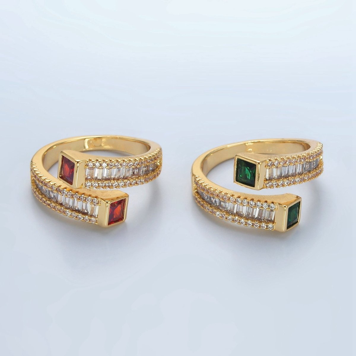 24K God Filled Red, Green CZ Baguette Micro Paved Wrap Ring | U349 U366 - DLUXCA