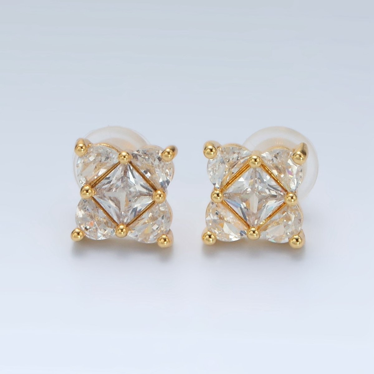 24K Gold Filled 10.5mm Clear CZ Geometric Flower CZ Stud Earrings | AB1225 - DLUXCA