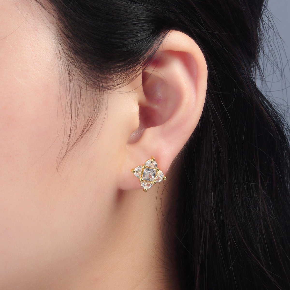 24K Gold Filled 10.5mm Clear CZ Geometric Flower CZ Stud Earrings | AB1225 - DLUXCA