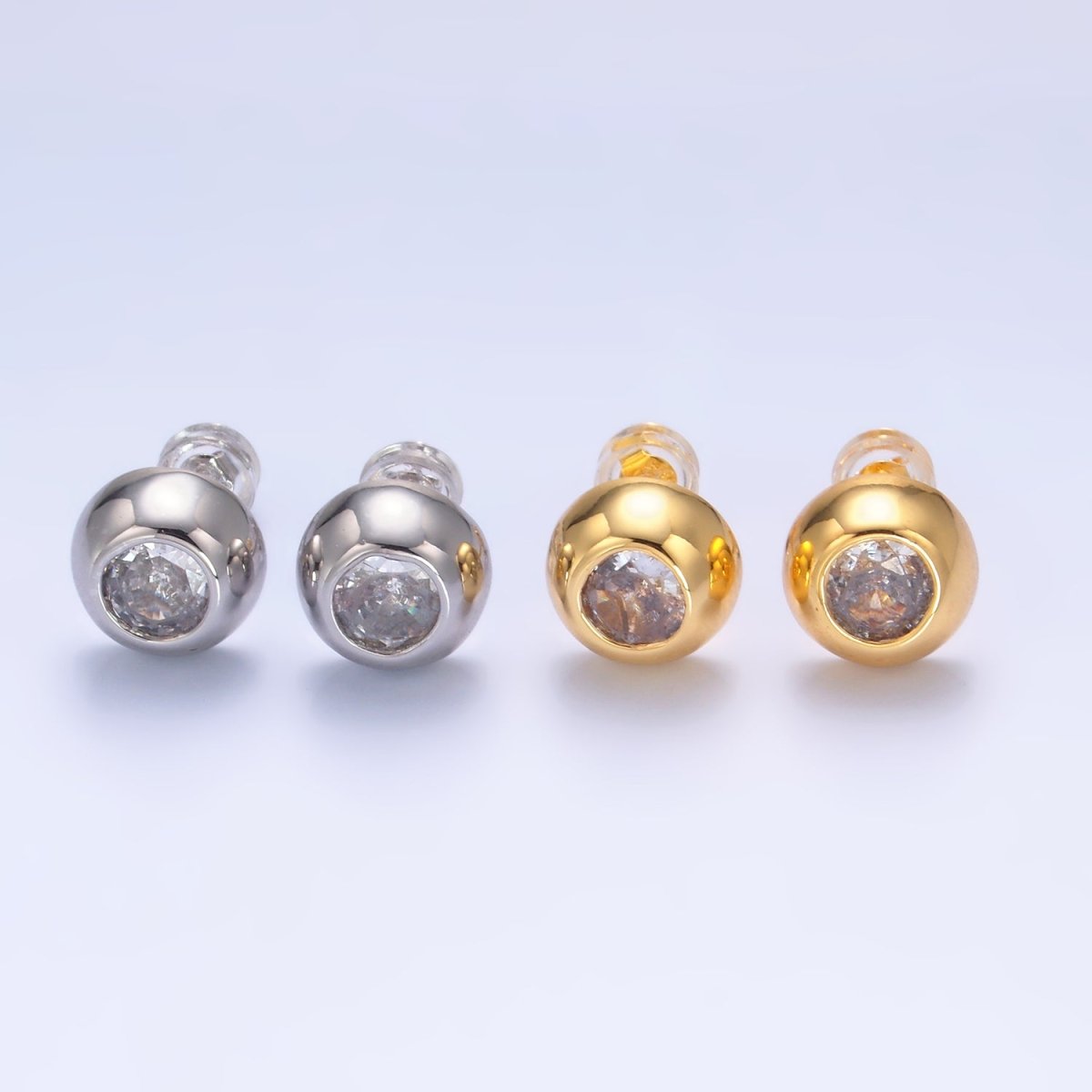 24K Gold Filled 10mm Clear CZ Bezel Round Stud Earrings in Gold & Silver | V230 V489 - DLUXCA