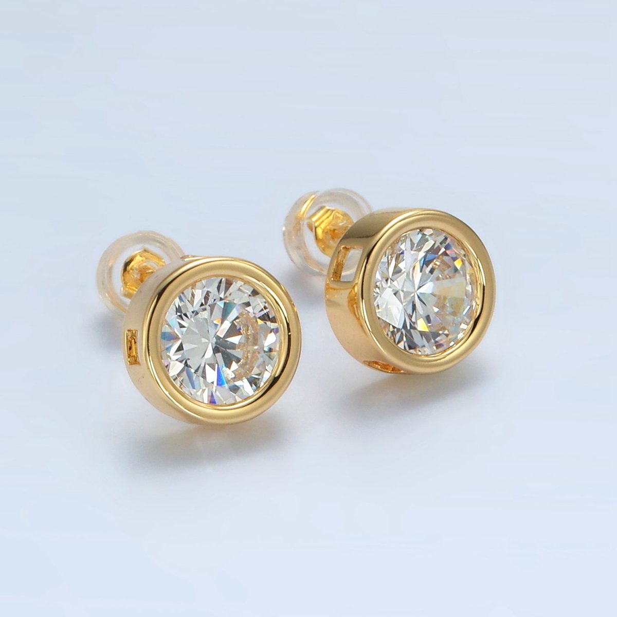 24K Gold Filled 10mm Clear CZ Round Bezel Stud Earrings | P538 - DLUXCA