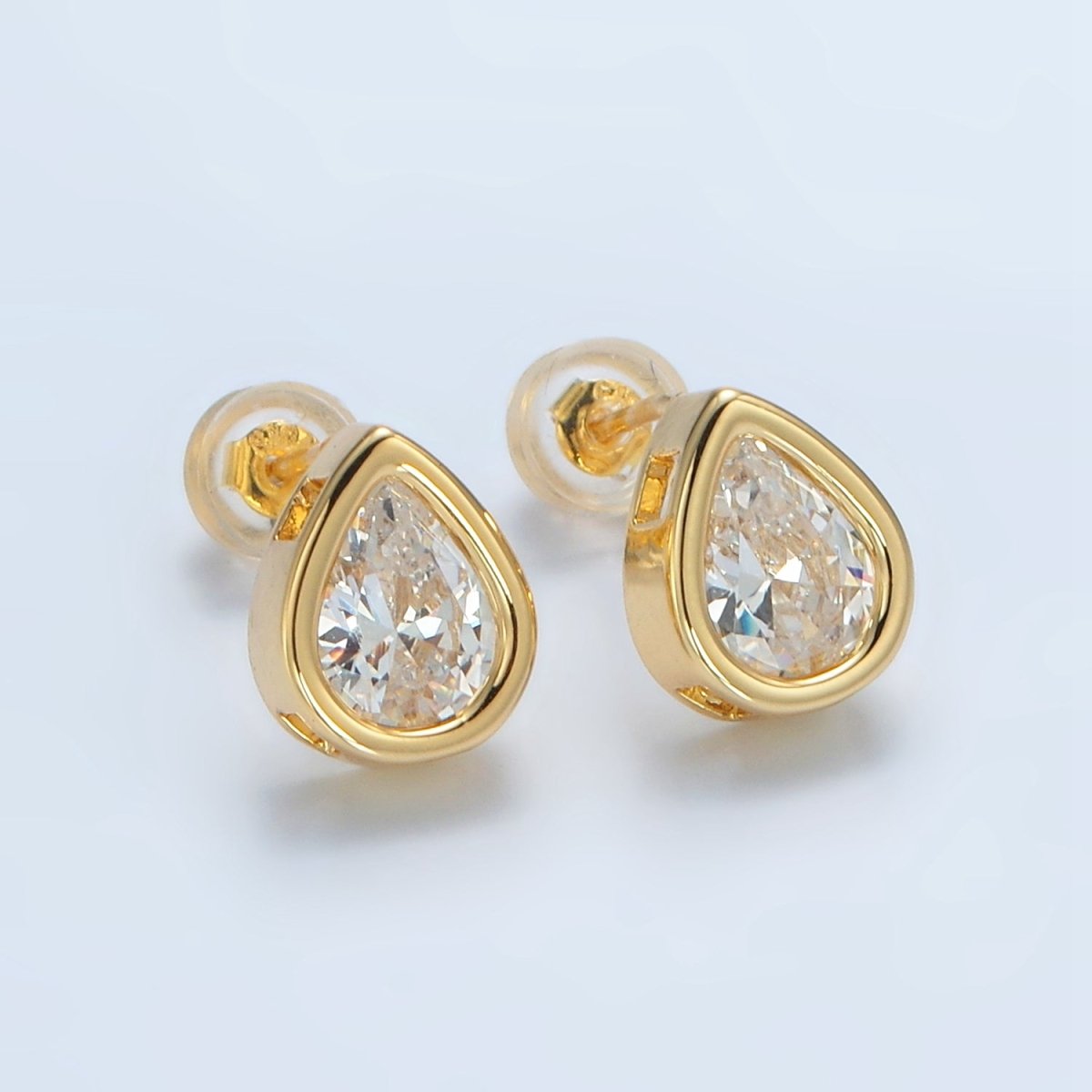 24K Gold Filled 10mm Clear CZ Teardrop Bezel Stud Earrings | P540 - DLUXCA