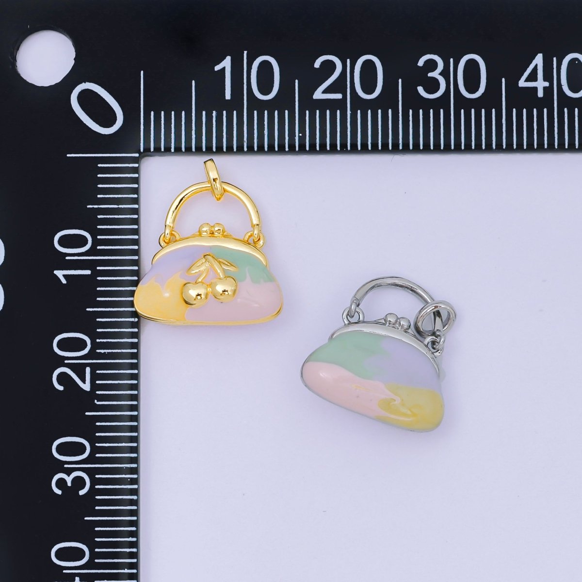 24K Gold Filled 10mm Enamel Art Cherry Fruit Mini Handbag Purse Pendant in Gold & Silver | AA - 1573 - DLUXCA