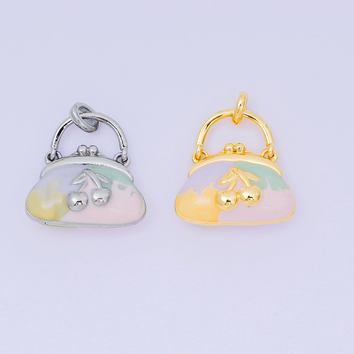 24K Gold Filled 10mm Enamel Art Cherry Fruit Mini Handbag Purse Pendant in Gold & Silver | AA - 1573 - DLUXCA