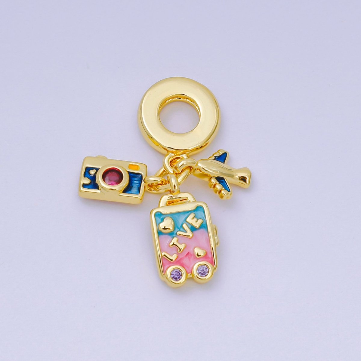 24K Gold Filled 10mm Micro Paved CZ Enamel Art Travel Set Charm in Airplane, Camera, & Baggage | AH - 601 - DLUXCA