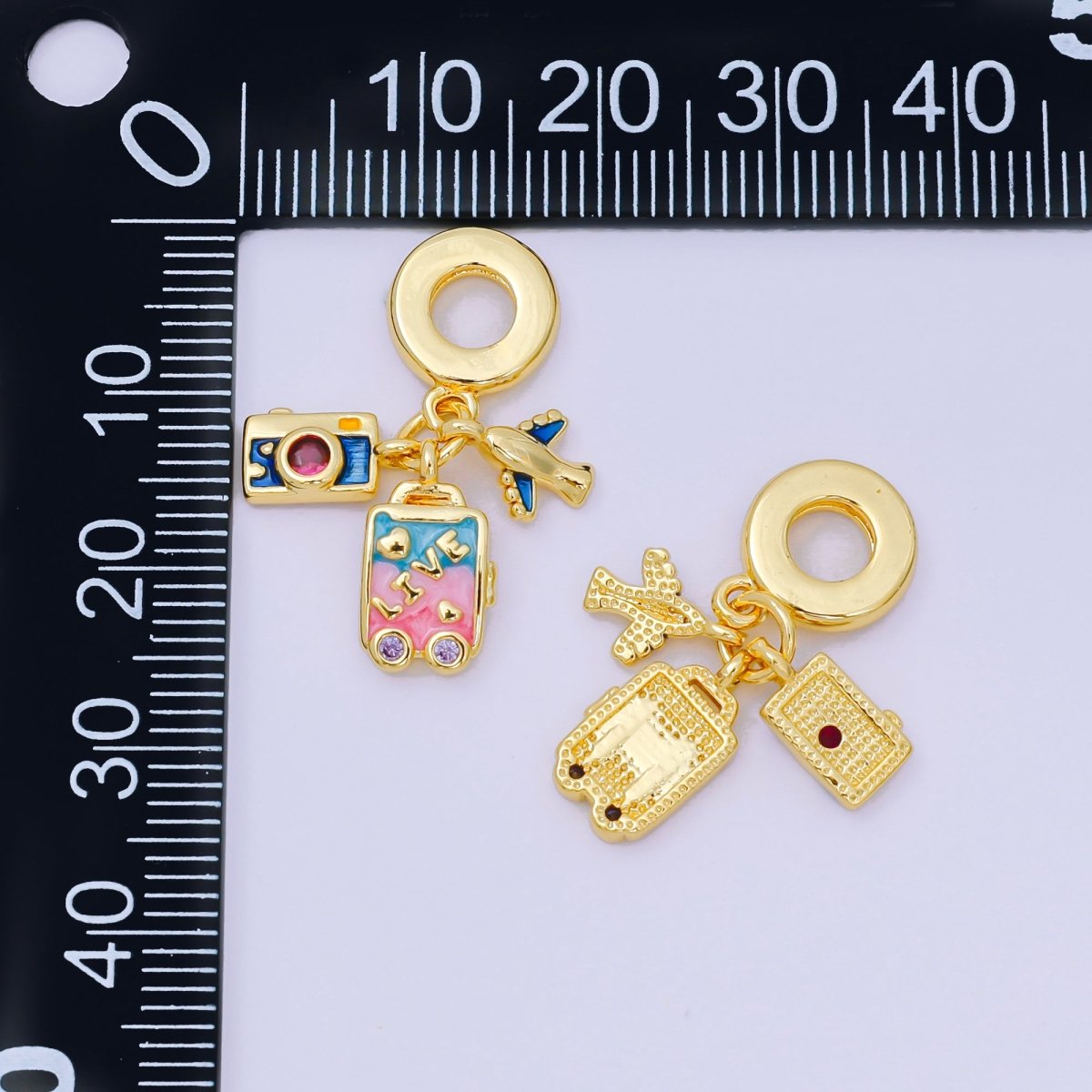 24K Gold Filled 10mm Micro Paved CZ Enamel Art Travel Set Charm in Airplane, Camera, & Baggage | AH - 601 - DLUXCA