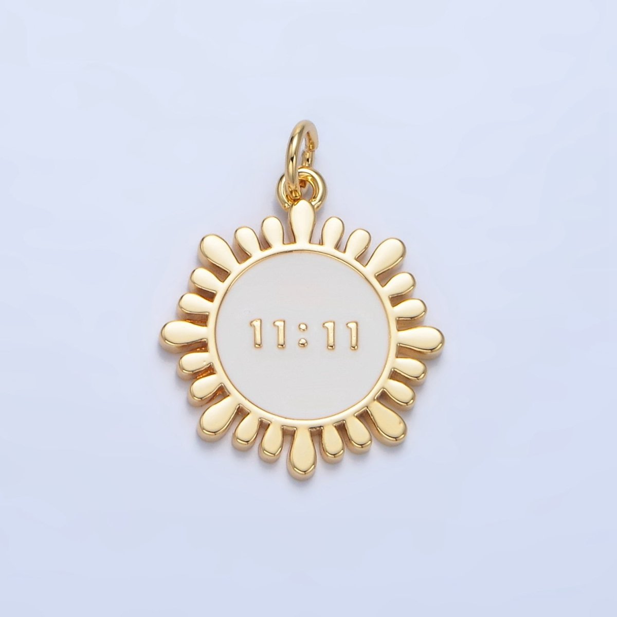 24K Gold Filled "11:11" Angel Number White Enamel Celestial Sun Flower Charm | X837 - DLUXCA