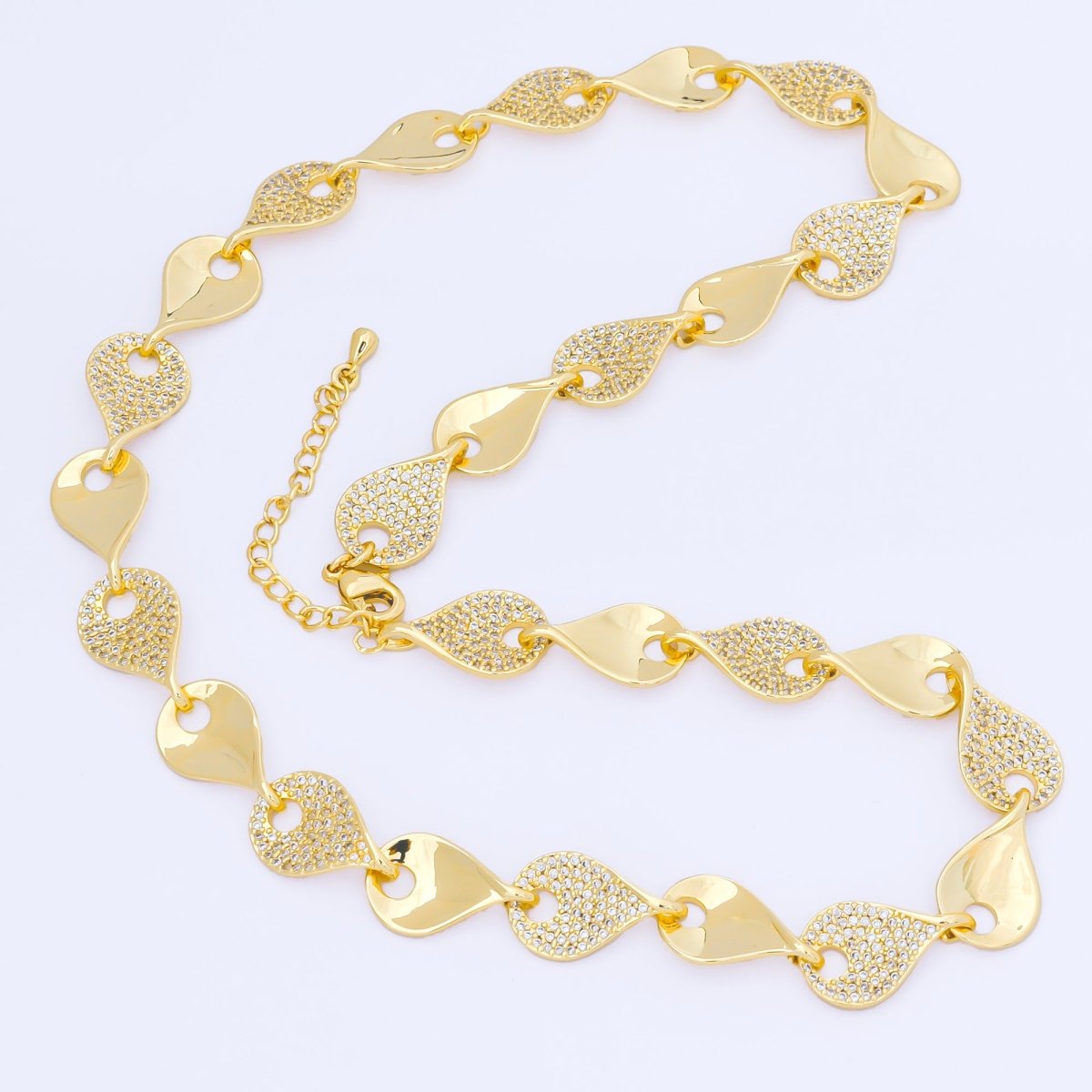 24K Gold Filled 11.1mm Micro Paved CZ Leaf Disc Charm Chain 16 Inch Necklace with Extender | WA - 1294 WA - 1297 - DLUXCA