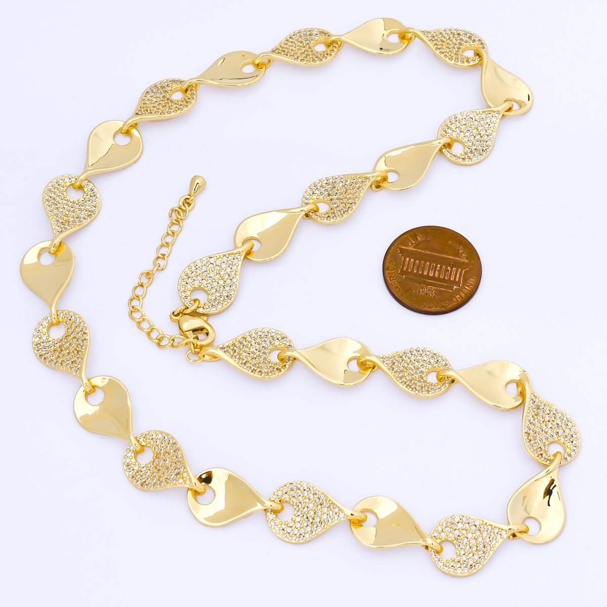 24K Gold Filled 11.1mm Micro Paved CZ Leaf Disc Charm Chain 16 Inch Necklace with Extender | WA - 1294 WA - 1297 - DLUXCA