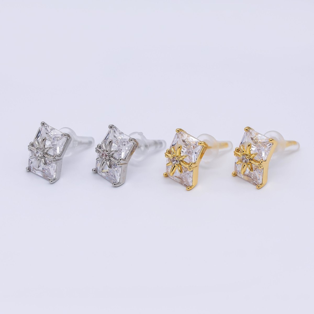 24K Gold Filled 11mm Clear CZ Baguette North Star Stud Earrings in Gold & Silver | AE734 AE741 - DLUXCA