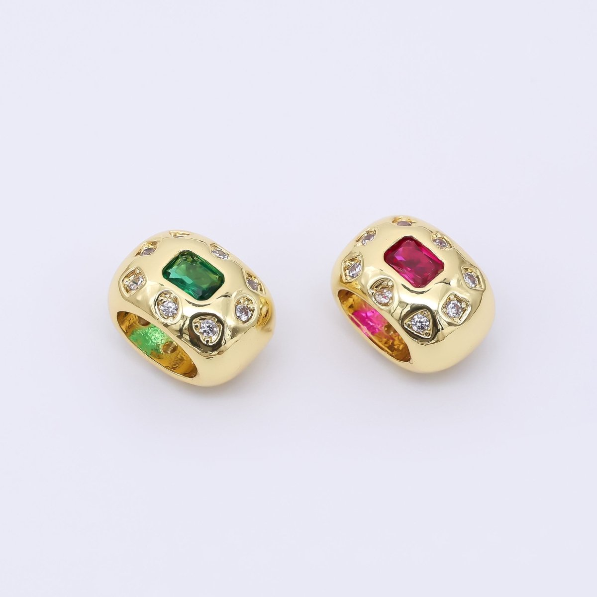 24K Gold Filled 11mm Fuchsia, Green Baguette CZ Dotted Rondelle Spacer Bead | B916 - DLUXCA