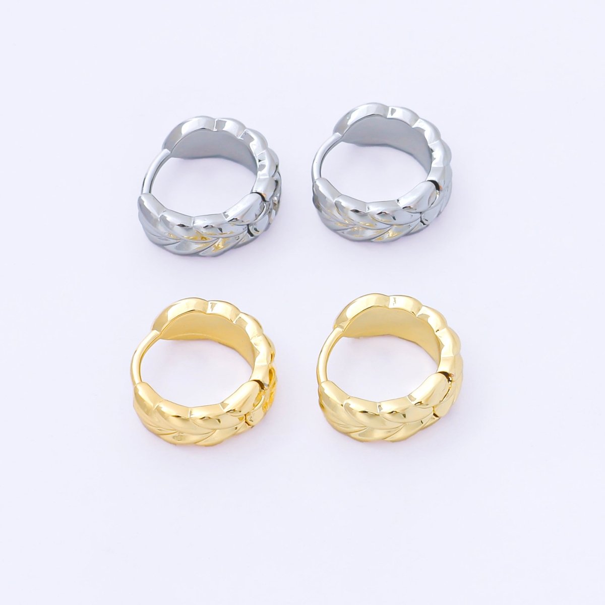 24K Gold Filled 12.5mm Rome Leaves Pattern Huggie Earrings in Gold & Silver | AB1615 AB1616 - DLUXCA